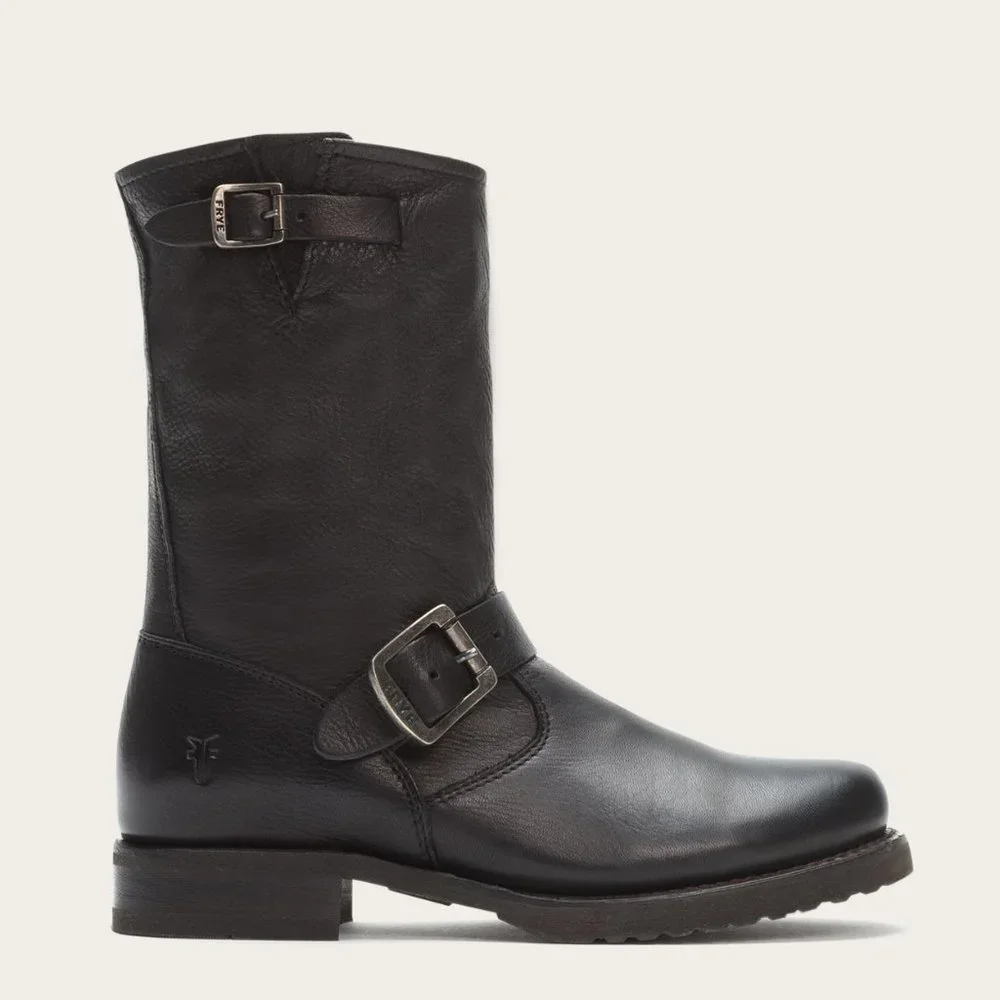 Frye Veronica Short Belted Black Leather Popular Moto Vintage Combat Ankle Boot - Picture 2 of 16